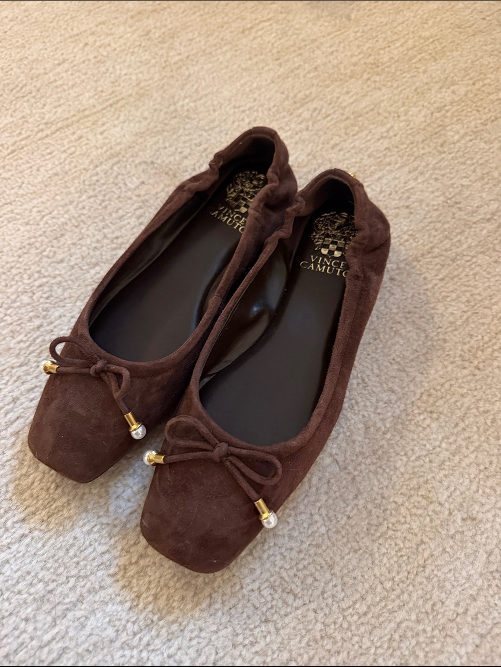 Vince Camuto Dark Brown Suede Square-Toe Ballet Flats with Gold Accents